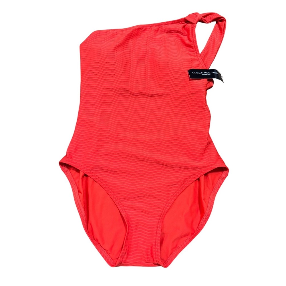 Carmen Marc Valvo One‎ Shoulder Swimsuit Textured Papaya Orange Size 8 NWT - Picture 2 of 9